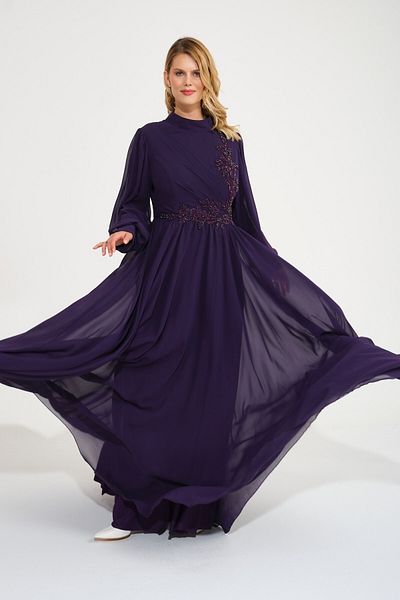 SpringStore Rochie de seara Hijab Brodata Pietra Mov