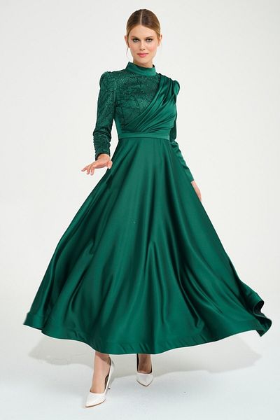 SpringStore Rochie de seara Hijab Midi din Satin Smarald