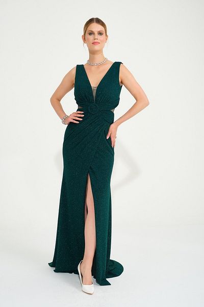 SpringStore Rochie de seara cu sclipici cu catarama de smarald