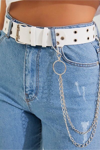 LİA KEMER Women's Silver Buckle Double Bird Eye Detailed and Chain Jacket Belt Dress Belt Trouser Belt
