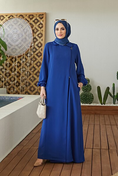 Neways Krep Yan Fermuarlı Ferace Saks Mavisi 6541