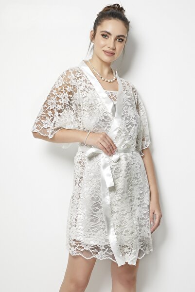 Miorre Ince Askılı Dantel Detaylı Saten Gecelik Sabahlık 2'li Takım