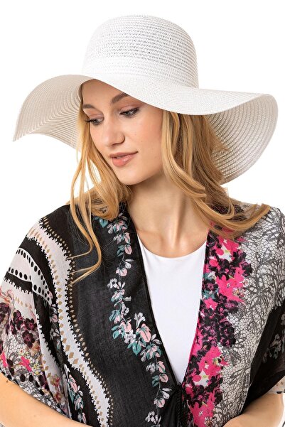 Saria Moda White Wide Straw Sunscreen Beach Women's Hat