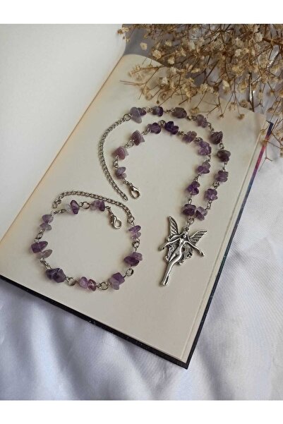 Luka Aksesuar Doğal Taş Kolye Ametist Doğal Taş Kolye Ve Bileklik Seti