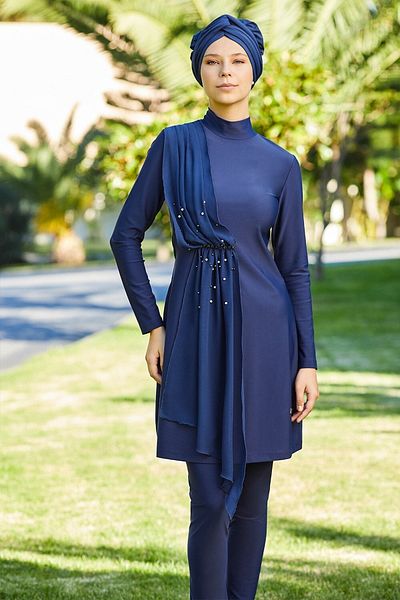 Adasea Γυναικείο μαγιό Lycra Full Closed Hijab Tulle Pearl Detailed 4248