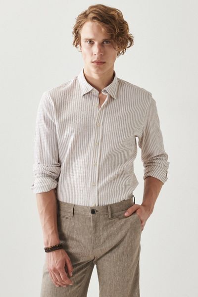AC&Co / Altınyıldız Classics Men's White-beige Slim Fit Narrow Cut Button Collar Striped Shirt
