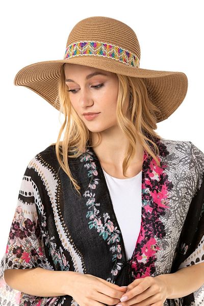 Saria Moda Zigzag Detail Wide Straw Hat