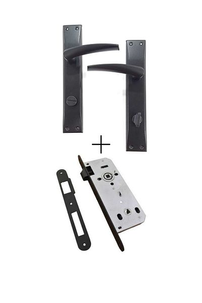ARON Opens from Inside to the Left New Brawo Mirrored Matte Black (Bathroom-WC) Door Handle + Door Lock Set of 2