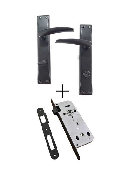 ARON Opens from Inside to the Right New Brawo Mirrored Matte Black (Bathroom-WC) Door Handle + Door Lock Set of 2