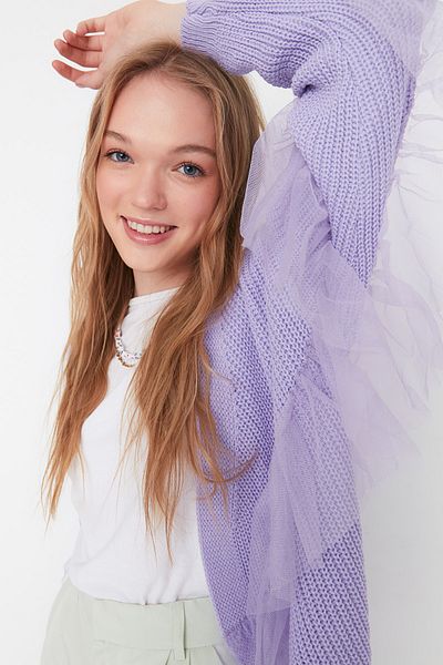 Trendyol Collection Fliederfarbener Tüll-Strick-Cardigan