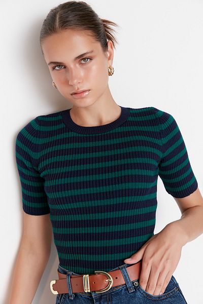 Trendyol Collection Navy Blue Basic csíkos kötöttáru pulóver TWOSS20KZ0075