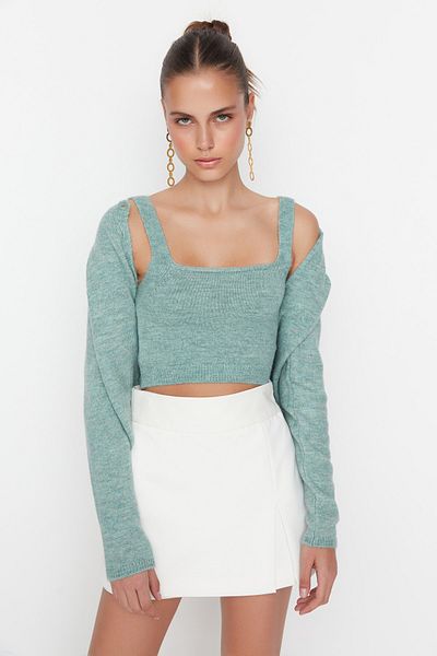Trendyol Collection Menta kötöttáru Crop blúz és kardigán szett - gomb részletek TWOAW21HI0107