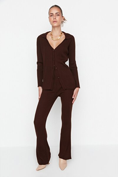 Trendyol Collection Bitter Brown Basic Polo gallér kötöttáru felső és alsó készlet TWOAW23AU00007