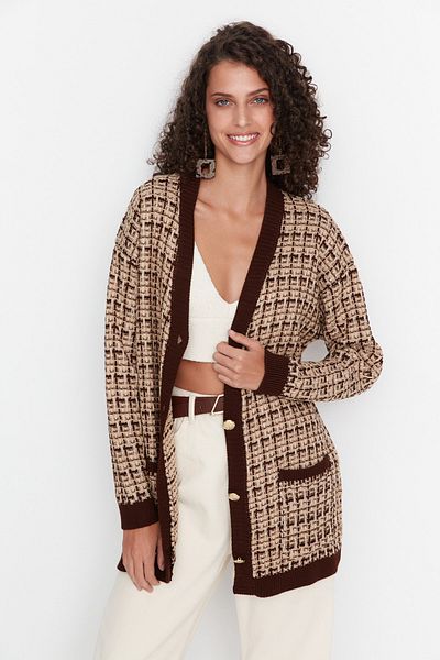 Trendyol Collection Καφέ Φαρδιά Εφαρμογή Tweed Look Glitter Πλεκτά Ζακέτα TWOAW21HI0250