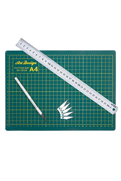 GLANCE A4 Kesim Matı Çift Taraflı Kesim Altlığı Kretuar Bıçağı 5 Yedekli Çelik Cetvel 30 Cm A4 Kesim Seti