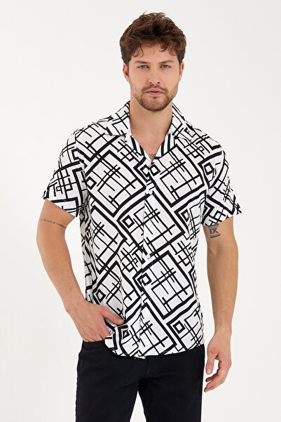 CLIPMAN Ανδρικό κοντομάνικο πουκάμισο με λινό γιακά με μοτίβο σε λεπτή εφαρμογή