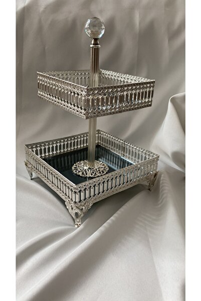 Fatmazel Gümüş Iki Katlı Kare Sunumluk Veya Isteme Çikolatası Sunumluğu