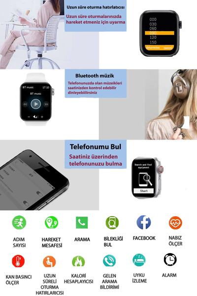 TECHNOMEN Akıllı Saat Türkçe Menülü Nabız&tansiyon Ölçer Arama Özellikli Ios&anroid Çift Tuş