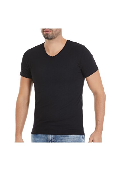 HÜMA Чоловіча чорна футболка з V-подібним вирізом і короткими рукавами з модалу