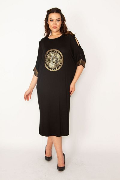 Şans Women's Large Size Black Shoulder Low-cut Stone Detailed Viscose Dress 65n33181