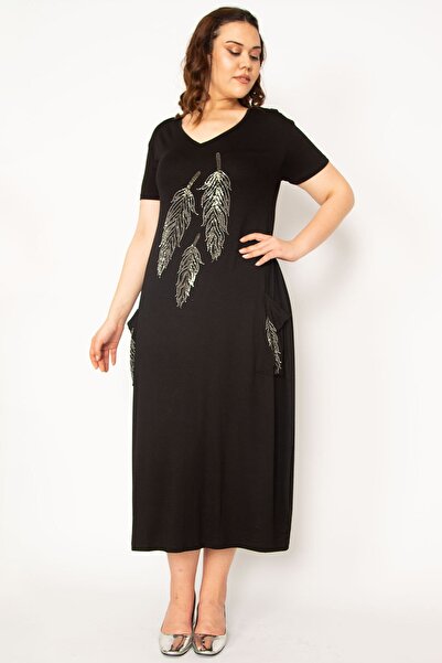 Şans Rochie din viscoză, cu decolteu în V, cu detaliu în piatră neagră, mărime mare, 65n33184