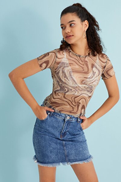 Bukamiss Дамска блуза с къс ръкав, кръгло деколте и шарка от тюл, кремава, с шарки и къси ръкави