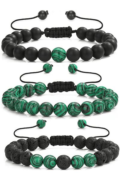 Tesbih Atölyesi Certified Natural Malachite Onyx Lava Stone Triple Bracelet Set