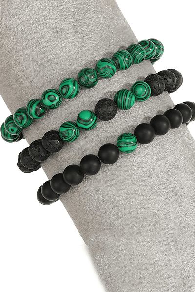 Tesbih Atölyesi Certified Natural Malachite Onyx Lava Stone Triple Bracelet Set