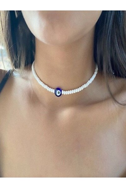 Lade حبة بيضاء. قلادة قلادة مطرزة بعين الشر الزرقاء البحرية