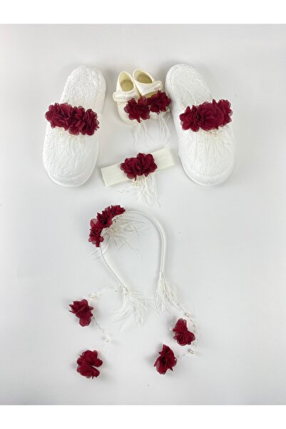 Lohussa Burgundy Pearl Stoned Floral Maternity Crown Slippers Bandana Baby Bo...