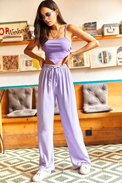 Olalook Women's Lilac Belted Woven Viscon Palazzo Trousers PNT-19000169