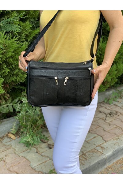 Deribag Genuine Leather Medium Size Crossbody Women's Bag Black 26*22*7 Cm