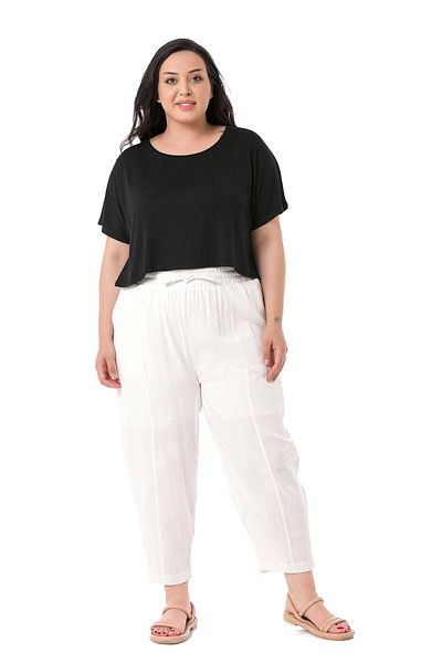 DISENTIS MODEST Large Size Half Baggy Lined Women's White Trousers with Pockets, Elastic Waist and Drawstring