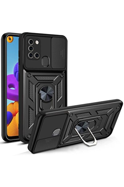 Fibaks Samsung Galaxy A21s Uyumlu Kılıf Kamera Korumalı Sürgülü Yüzüklü Armor Military Tank Zırh