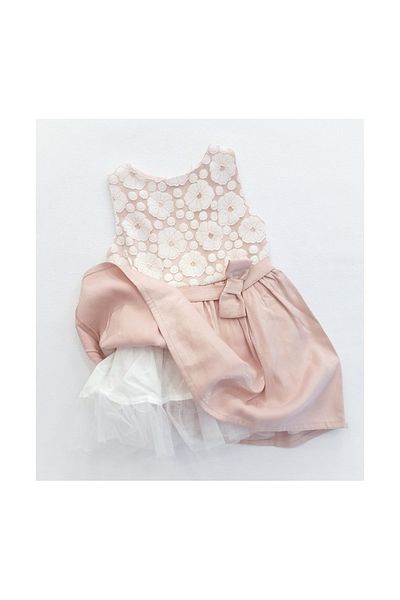 MELANİPPE Flower Patterned Powder Pink Bow Woven Baby Girl Dress