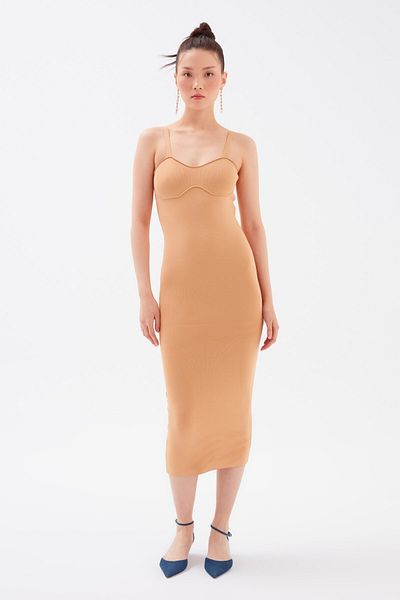 Sateen Strappy Midi Sweater Dress Camel