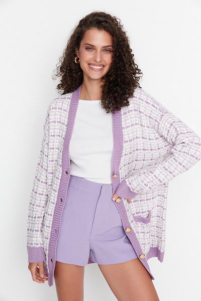 Trendyol Collection Lilafarbener, weiter Strickcardigan in Tweed-Optik mit Glitzer TWOAW21HI0250
