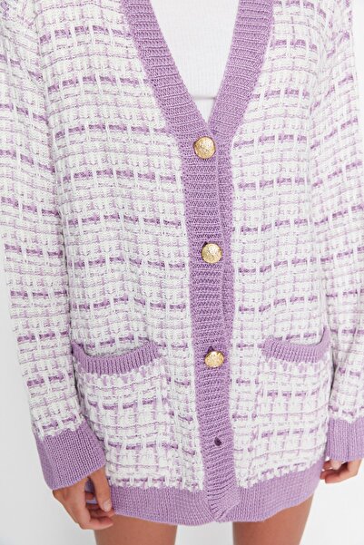 Trendyol Collection Liliowy, szeroki, tweedowy kardigan z brokatowym wzorem TWOAW21HI0250