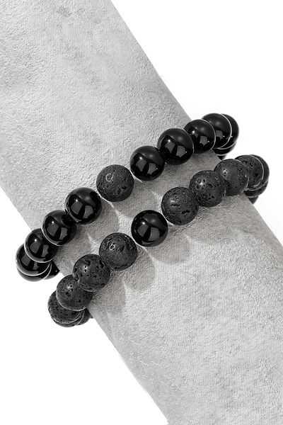 Tesbih Atölyesi Certified Natural Obsidian Lava Stone Natural Stone Bracelet Set