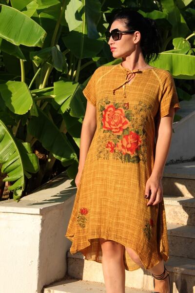 Bohemian Women's Mustard Honeycomb Textured Half Sleeve Dress