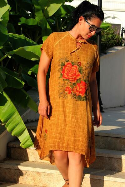 Bohemian Women's Mustard Honeycomb Textured Half Sleeve Dress