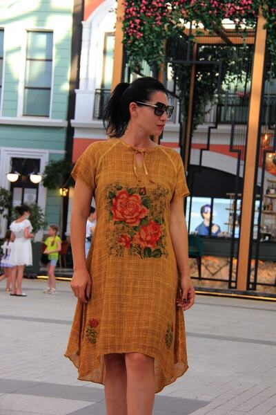 Bohemian Women's Mustard Honeycomb Textured Half Sleeve Dress