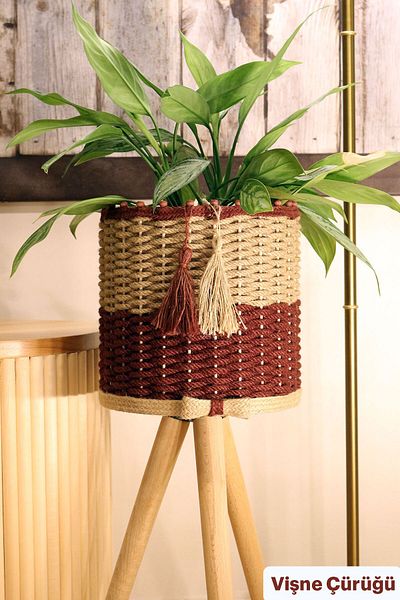 Monchi 36cm Jute Braided Wicker Basket - Wooden Flower Pot Foot Cherry Rotten