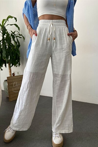 My Blog Kadın Beli Lastikli Astarlı Beyaz Keten Pantolon