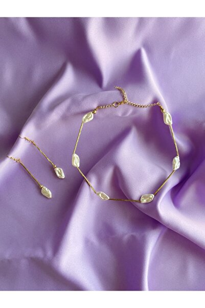 Maiden design Gold Renk Incili Choker Kolye Küpe Seti