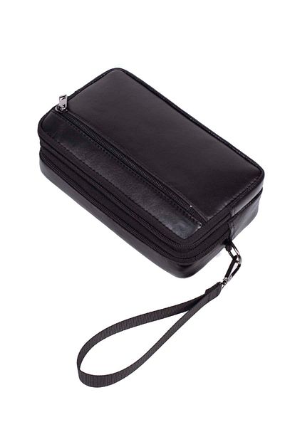 Newish Genuine Leather Hand and Waist Bag Daily Travel Cosmetic Bag Men's Black (12x20cm)