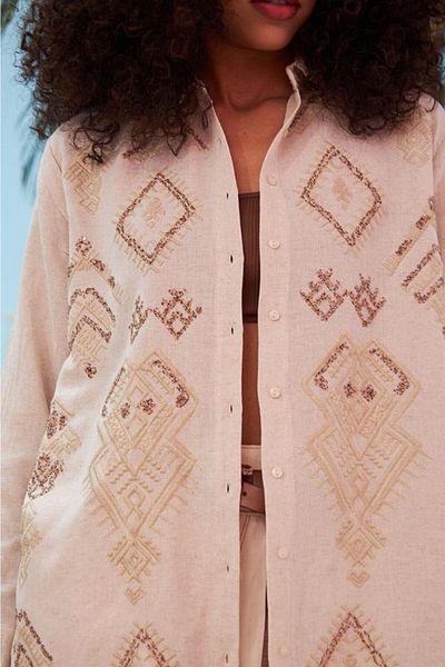 FEMELLE Cămașă oversize cu paiete și broderie bej pentru damă, mărime standard