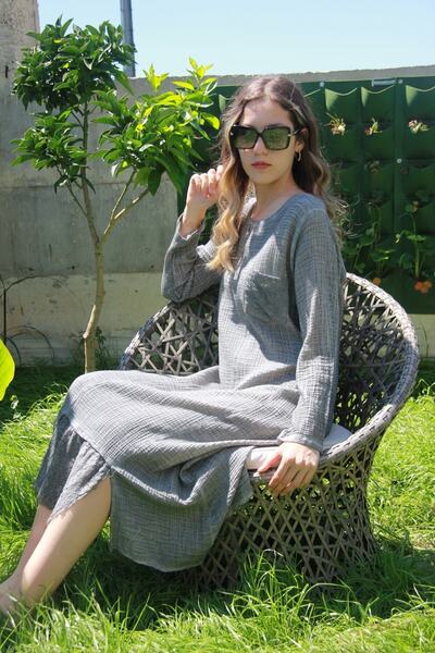 Bohemian Women's Gray Long Sleeve Antique Woven Dress