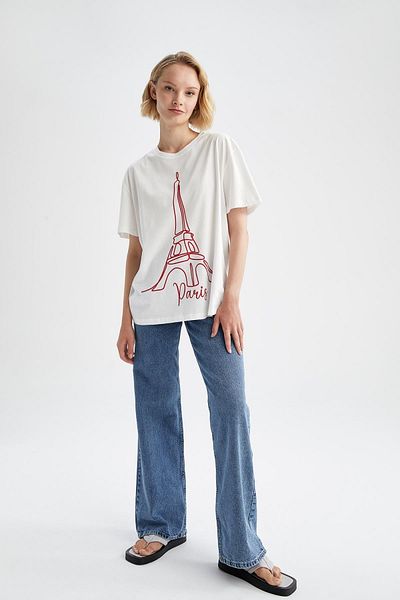 DeFacto Oversize Fit Crew Neck Paris Printed Short Sleeve 100% Cotton T-Shirt