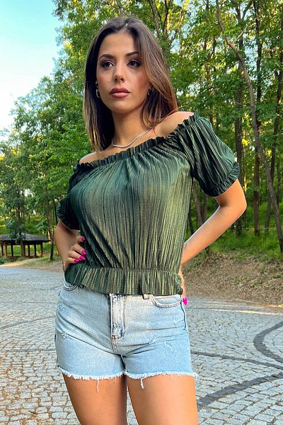 Neşeli Butik Γυναικεία Χακί Νέας Σεζόν Carmen γιακά Μπλούζα Nb10048